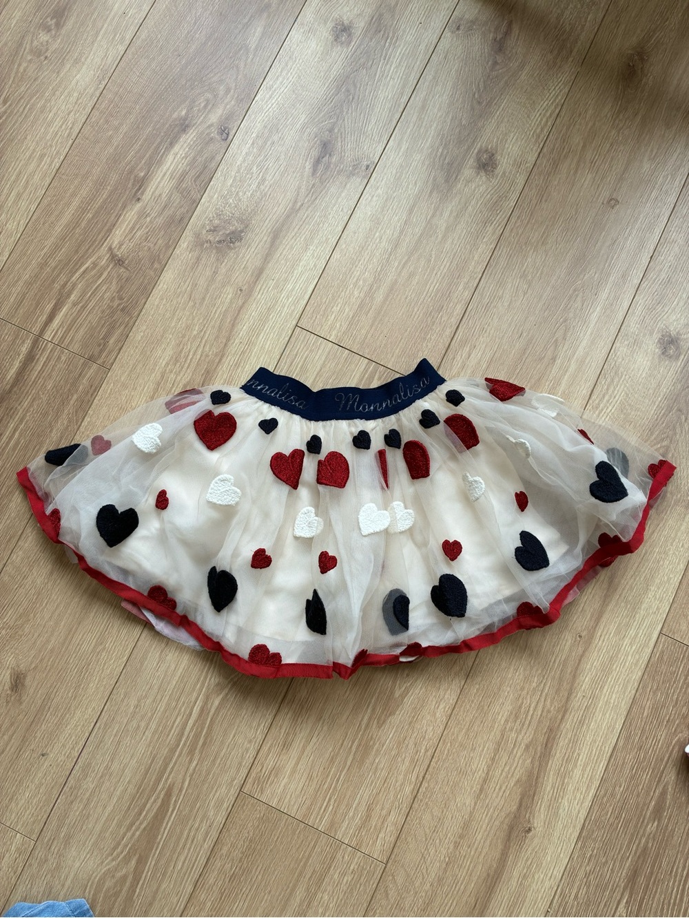 MonnaLisa White Tulle Skirt with Red, Navy & White Heart Appliqués